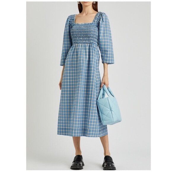 Ganni Dress Shirred Checked Cotton Seersucker Midi Blue DE 40 US 10 Milkmaid - Picture 1 of 16